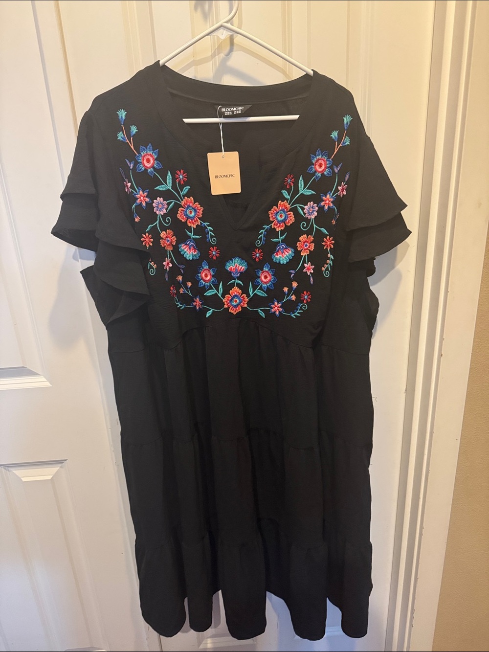 Bloomchic Black Midi Dress with Multicolor Floral Embroidery